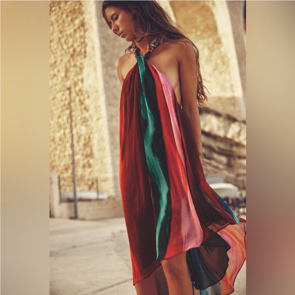 ZARA Beaded Halter Dress Multi color open back